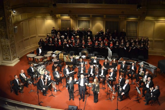 Photo from above of the Chatham Choir performing with the Pittsburgh Symphony Orchestra